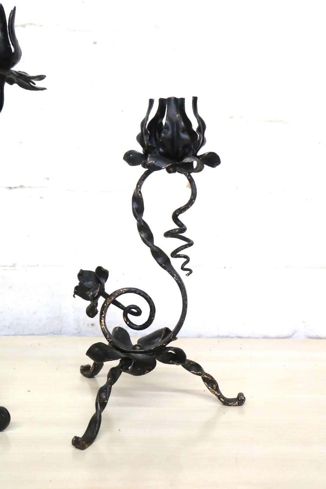 3 Old French Wrought Iron Candlesticks Blacksmith Made Small Art Nouveau Period photo 127.0