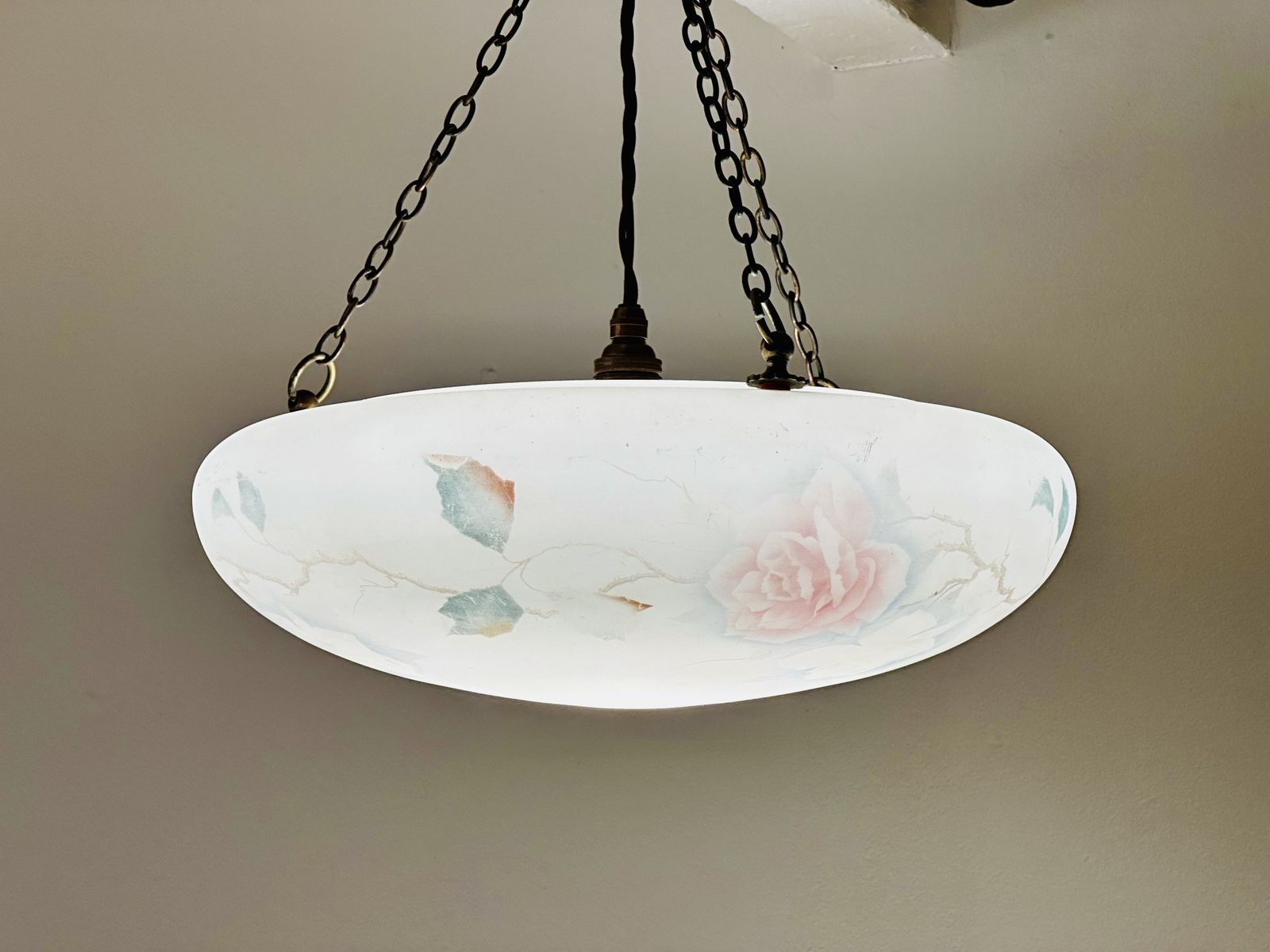 Art Deco Glass Plafonnier Ceiling Light With Hand Painted Pink Rose Design Restored And Rewired Ready To Be Placed C.1930. photo 320.0