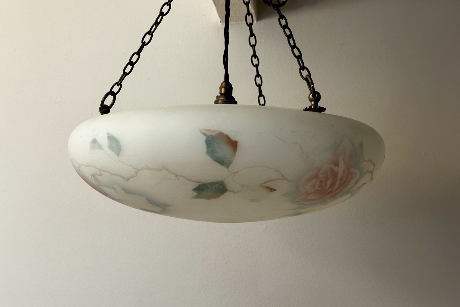 Art Deco Glass Plafonnier Ceiling Light With Hand Painted Pink Rose Design Restored And Rewired Ready To Be Placed C.1930. photo vinterior