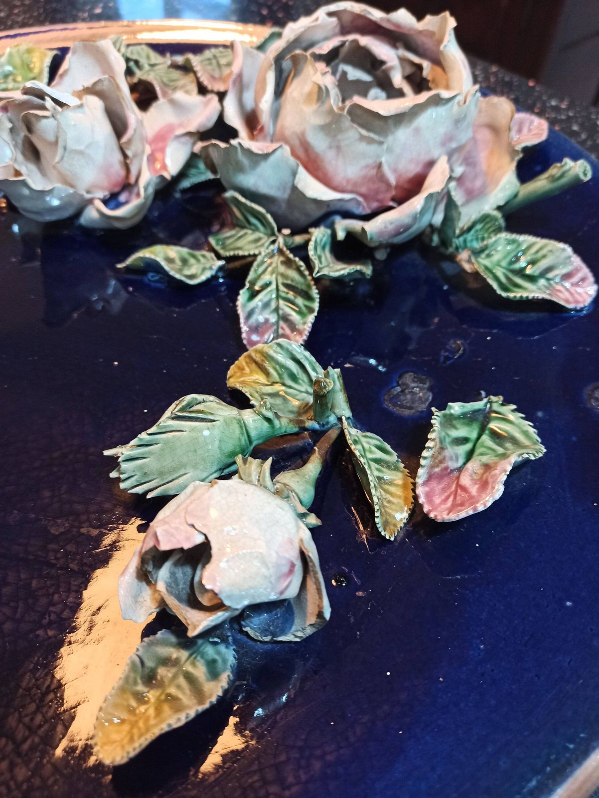 Antique Majolica Large Wall Plate. Roses And Cobalt Blue. High Relief. 19th Century. photo furniture