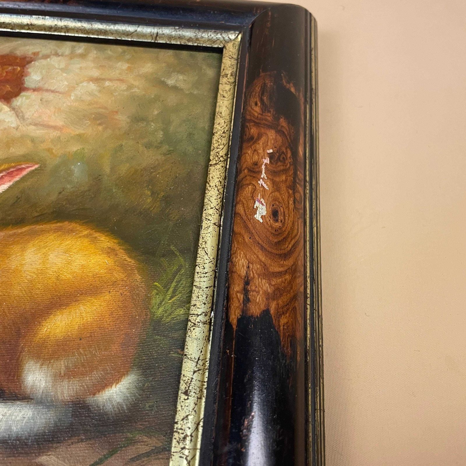 Antique Bunny Rabbit Oil Painting Picture Vintage Wooden Frame Realist By Artist Herring 19th Century photo furniture