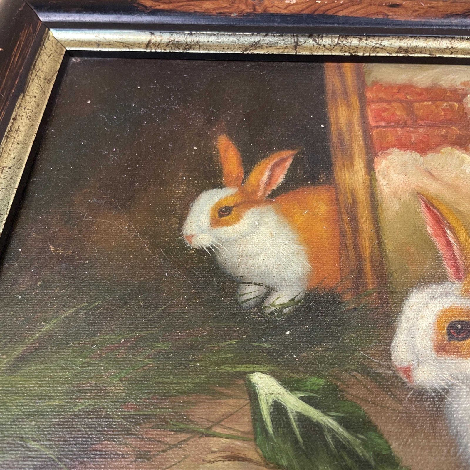 Antique Bunny Rabbit Oil Painting Picture Vintage Wooden Frame Realist By Artist Herring 19th Century photo Art