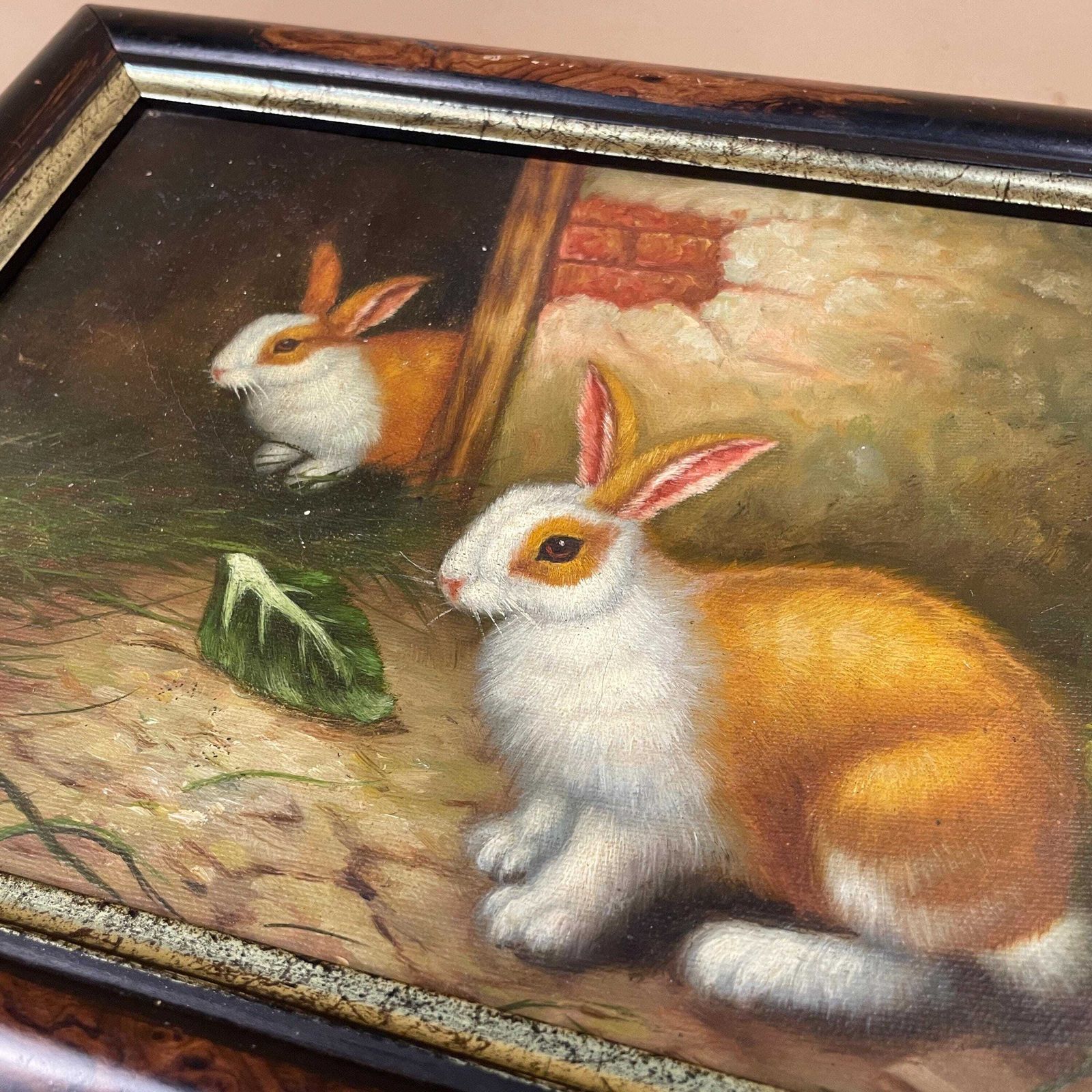 Antique Bunny Rabbit Oil Painting Picture Vintage Wooden Frame Realist By Artist Herring 19th Century photo buy