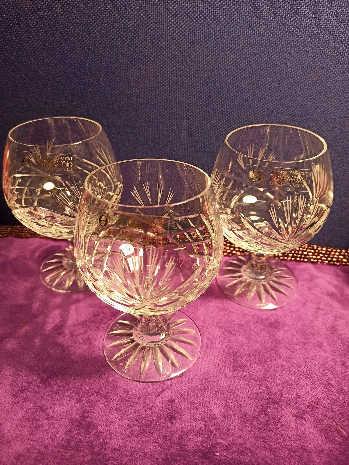 Trio Of Zawiercie Crystal Cut Brandy Glasses. Excellent Condition. photo Home Decor