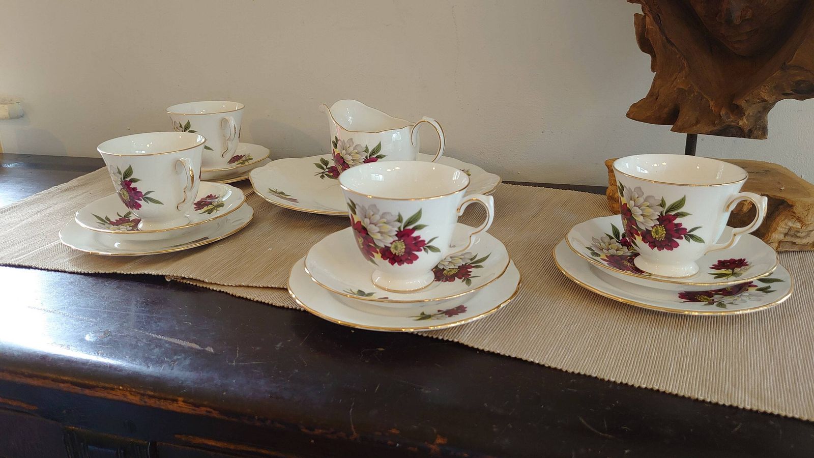 Set Of Four Crown Royal China Cups, Saucers And Side Plates Plus Sandwich Plate & Milk Jug   Very Good Condition photo for sale