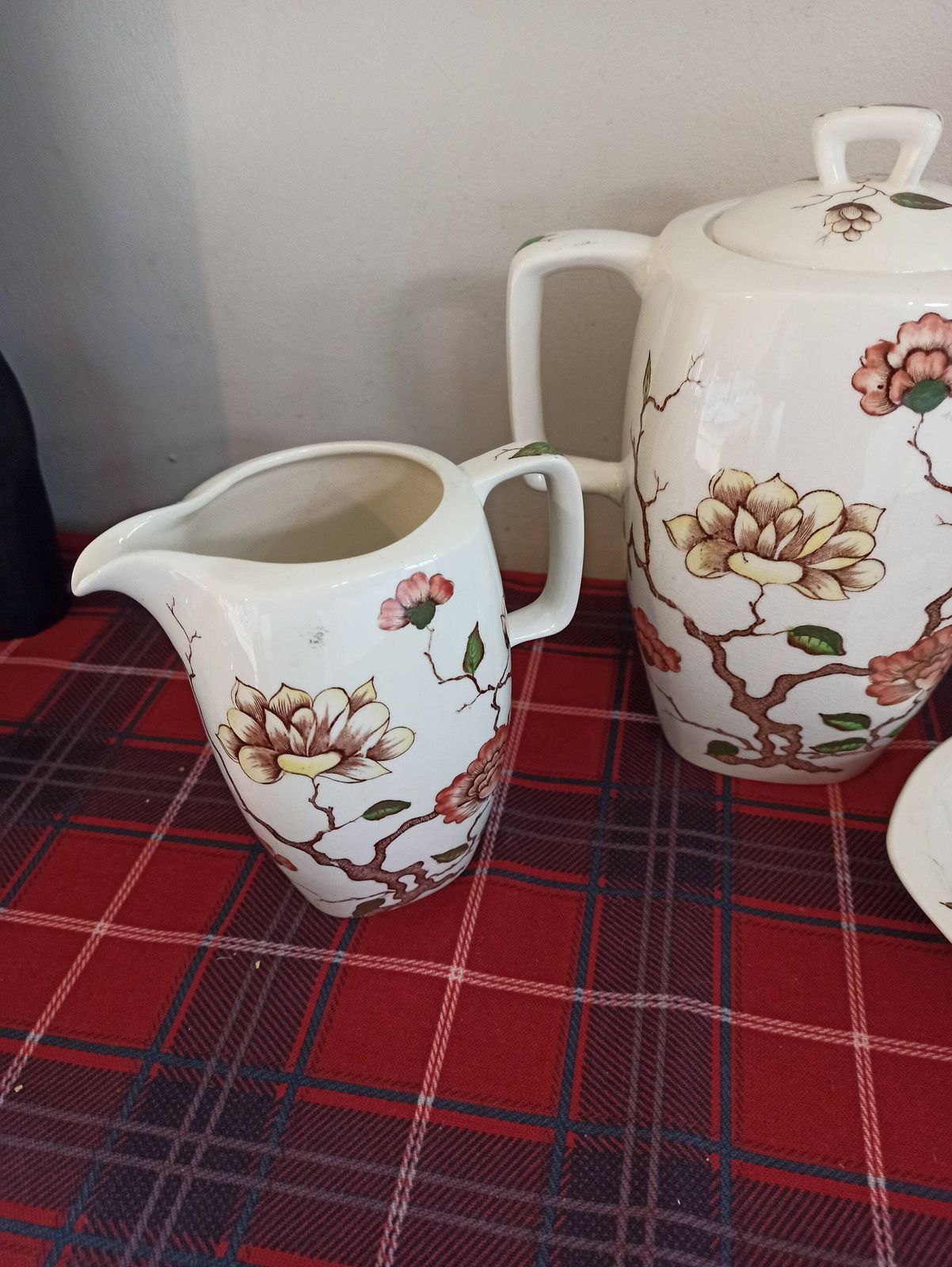 Burslem Midwinter Tea Set. Designed By Jessie Tait. Teapot, Milk Jug And Sugar Bowl. "Ming Tree". photo for sale
