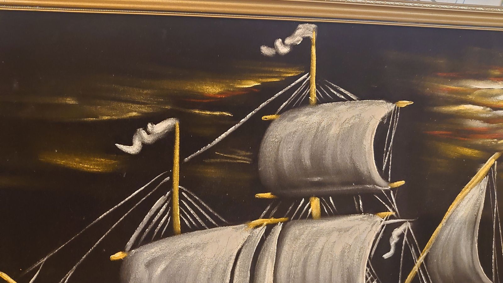 White, Yellow And Orange Oil Painted Carrack Ship On Black Felt   Very Good Condition   Eyecatching Design   94cm X 65cm X 2cm photo for sale