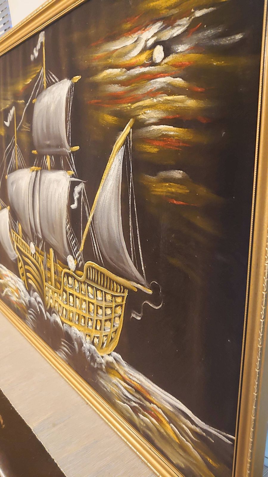 White, Yellow And Orange Oil Painted Carrack Ship On Black Felt   Very Good Condition   Eyecatching Design   94cm X 65cm X 2cm photo 127.0