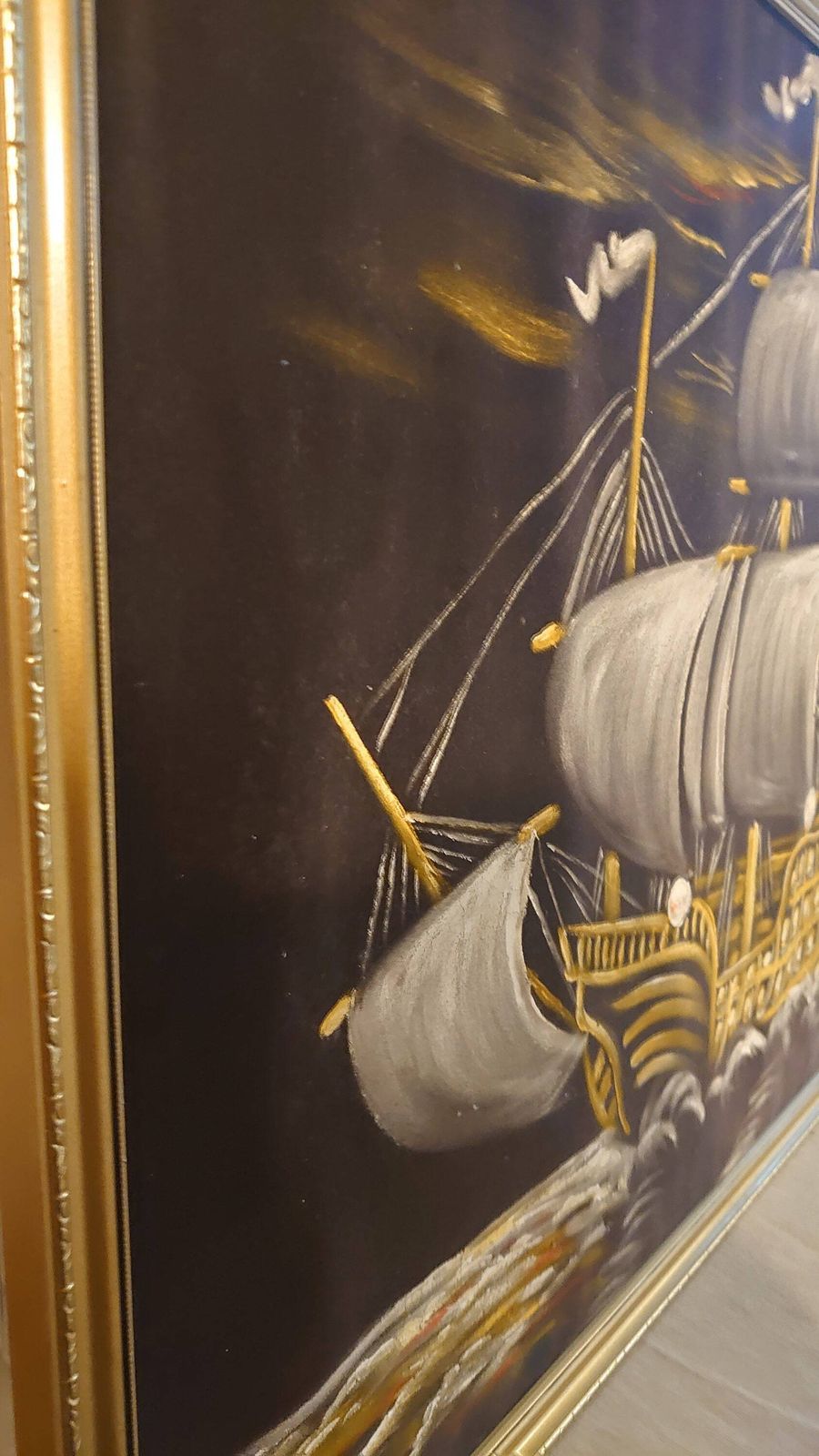 White, Yellow And Orange Oil Painted Carrack Ship On Black Felt   Very Good Condition   Eyecatching Design   94cm X 65cm X 2cm photo vinterior