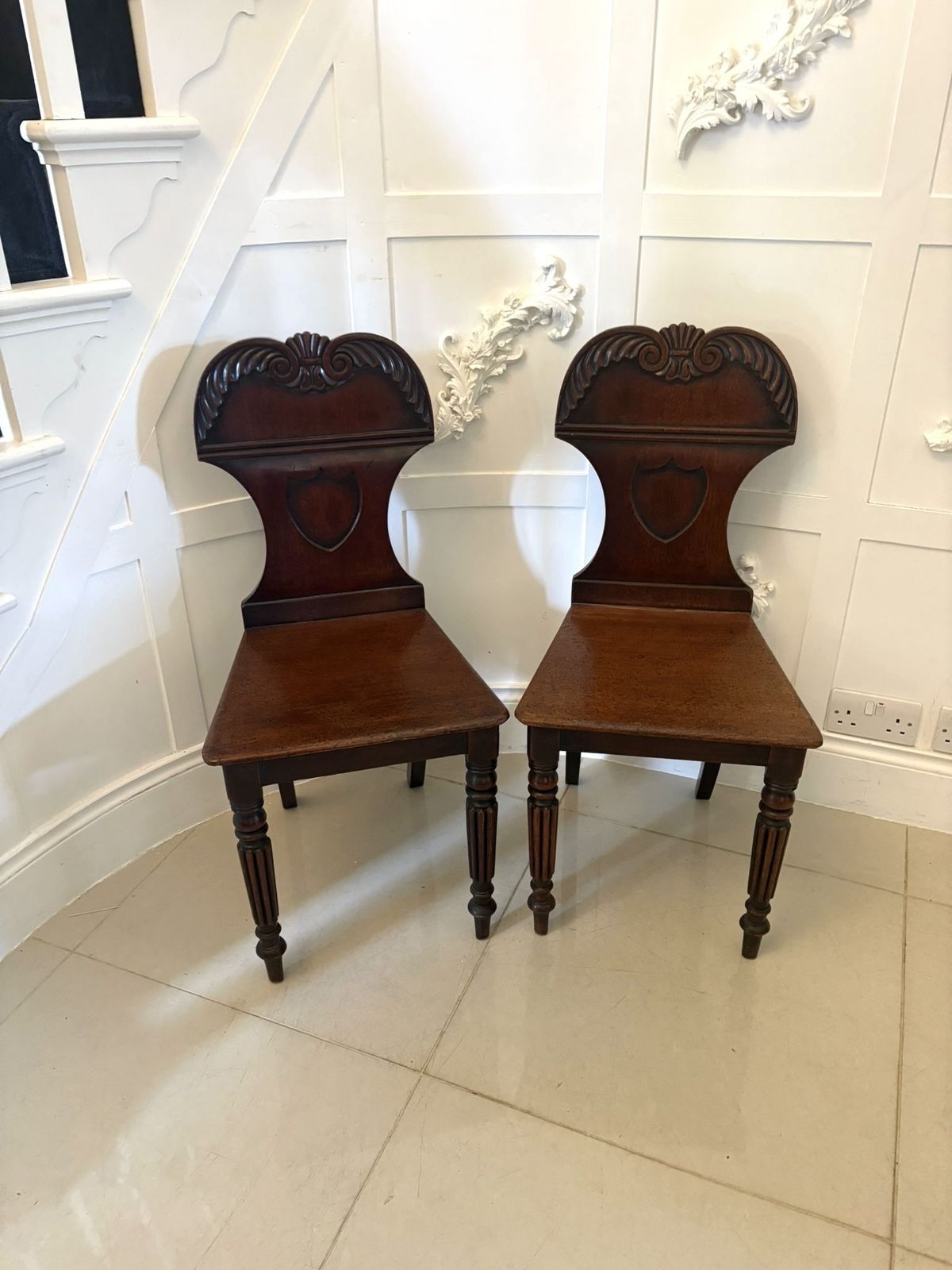 Pair Of Antique 19th Century Quality Carved Mahogany Hall Chairs