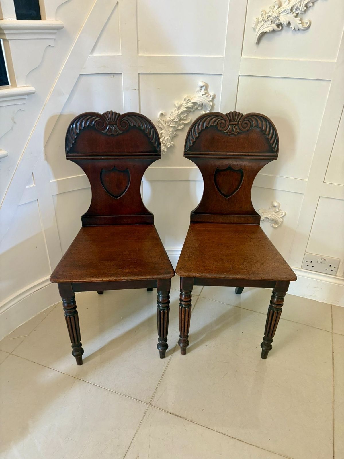 Pair Of Antique 19th Century Quality Carved Mahogany Hall Chairs photo vintage
