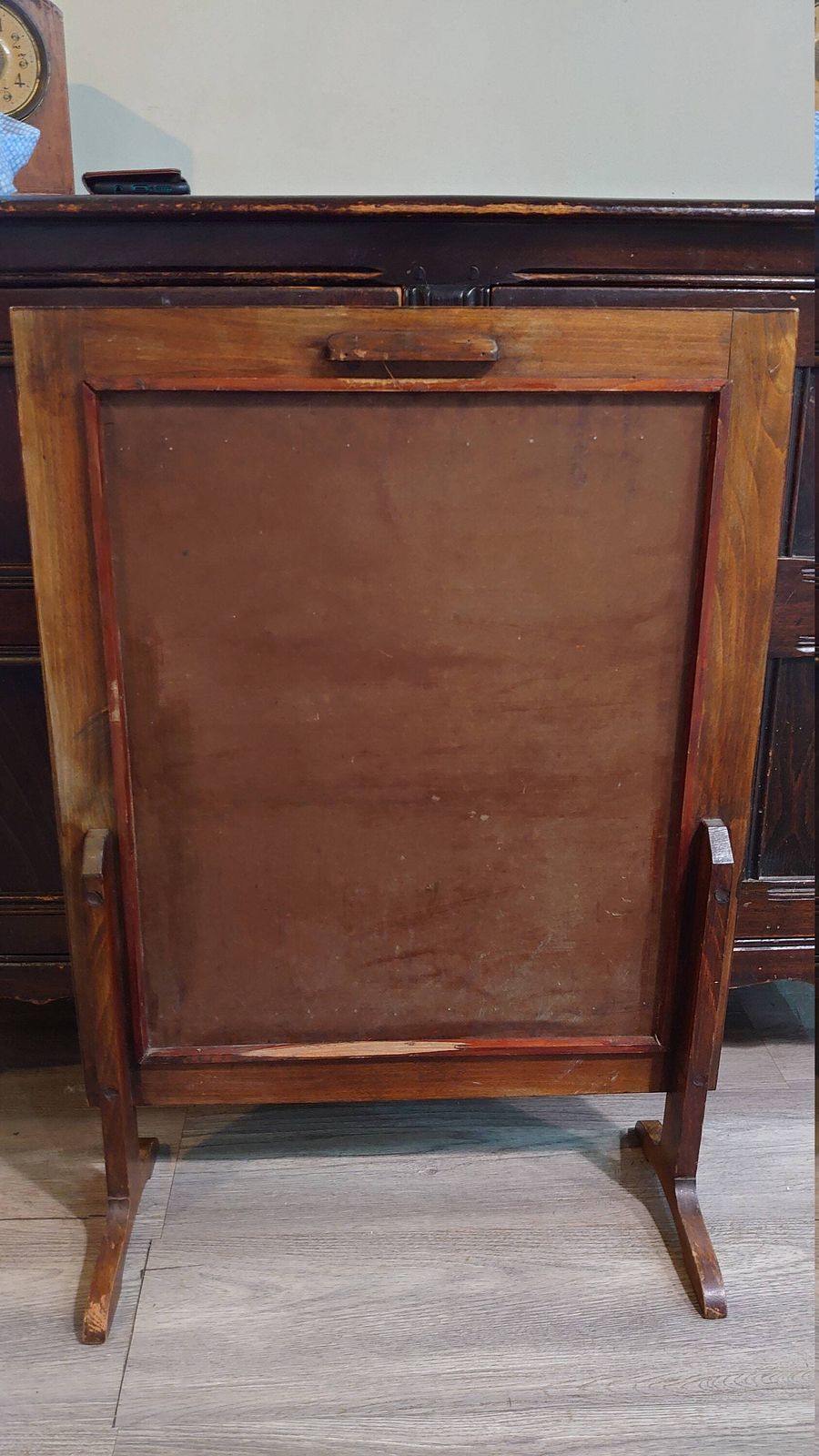 photo furniture Firescreen With Knitted Scene Of Lady On Spinning Wheel C1940s/50s In Very Good Condition