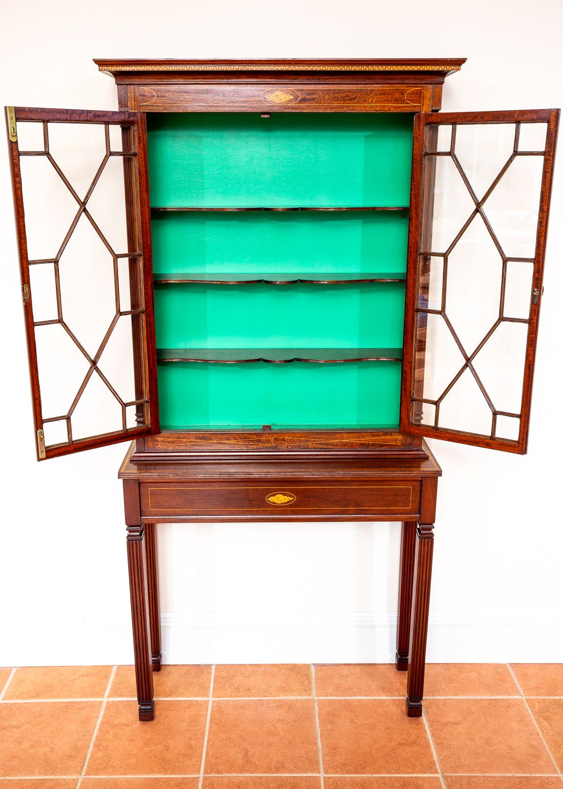 Fine Antique Glazed Cabinet And Consol.E Tabl.E Matching Set Inlaid Mahogany Astragal Glass Edwardia.N Victoria.N Hallway Living Room photo Furniture