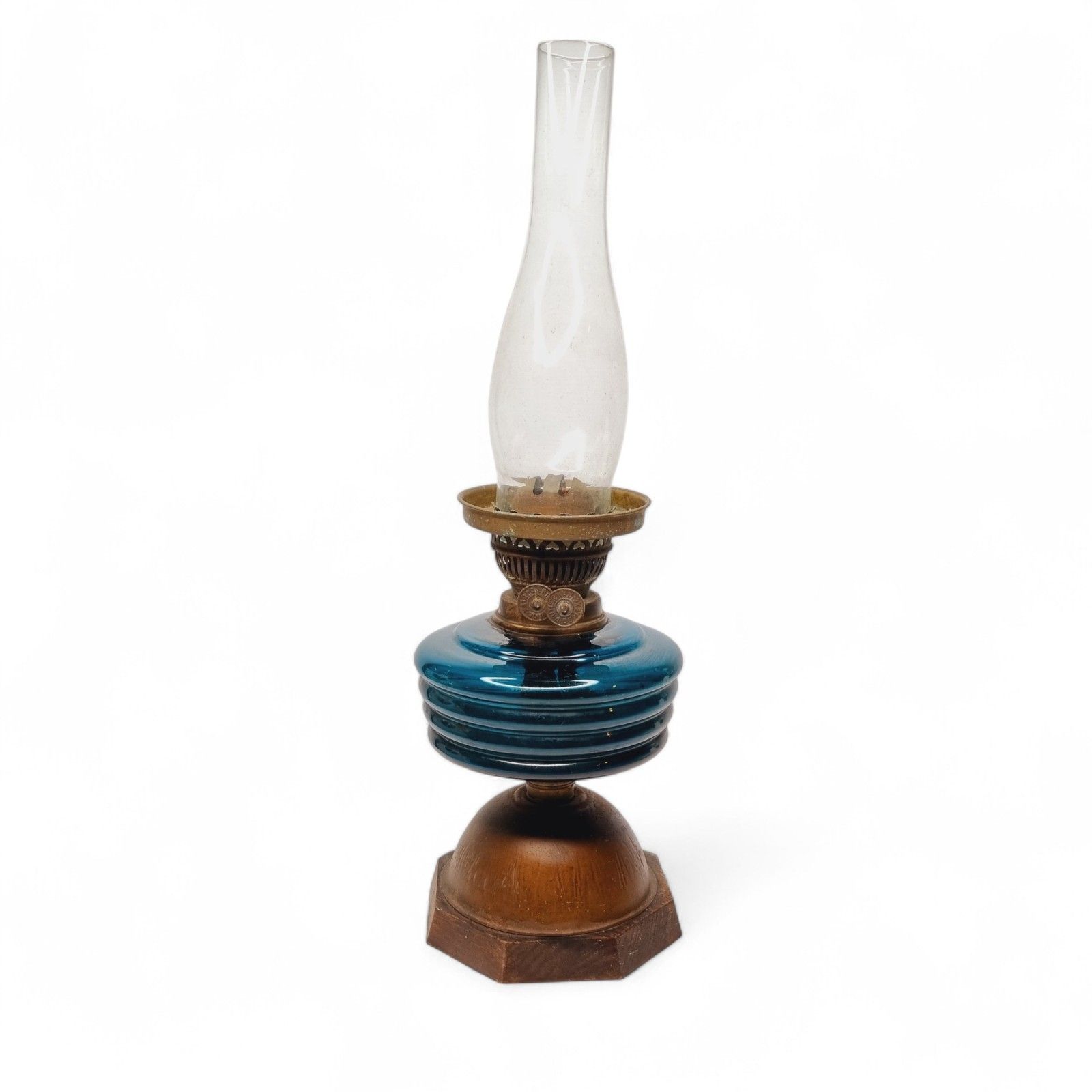Antique Oil Lamp Blue Glass Brass And Wooden Base Duplex British Cross