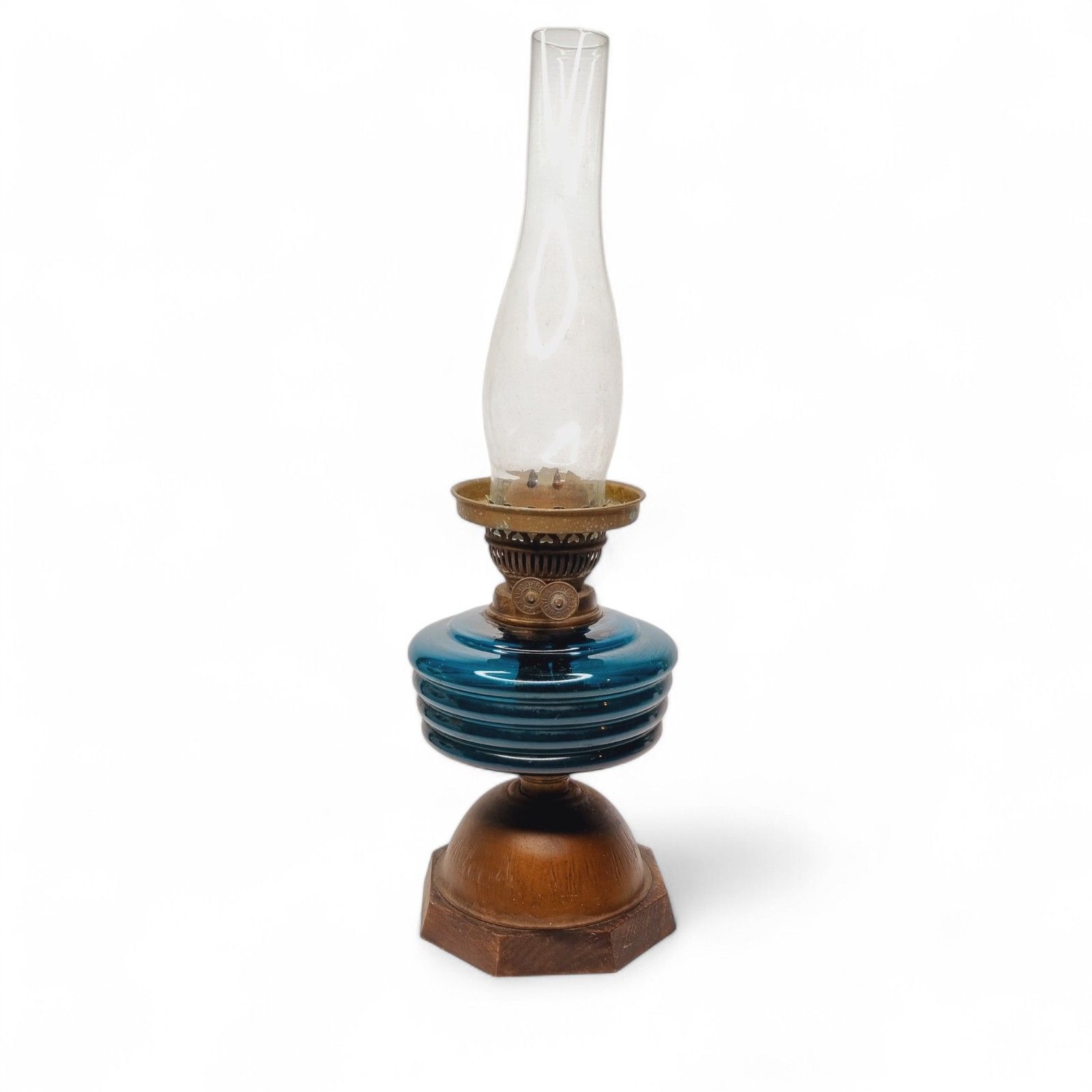Antique Oil Lamp Blue Glass Brass And Wooden Base Duplex British Cross photo furniture