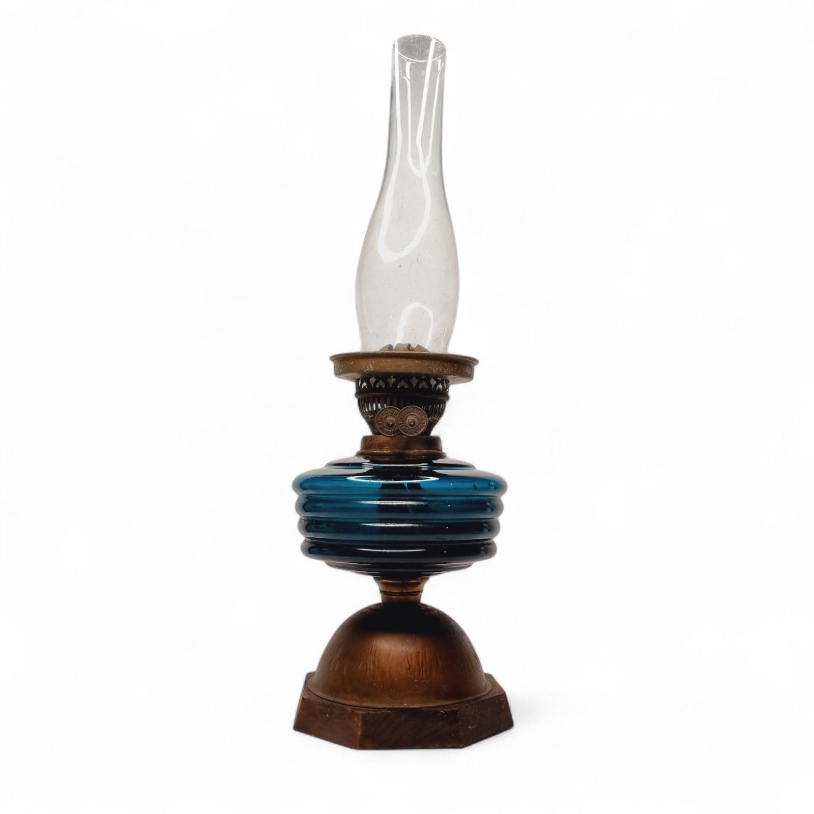 Antique Oil Lamp Blue Glass Brass And Wooden Base Duplex British Cross photo buy