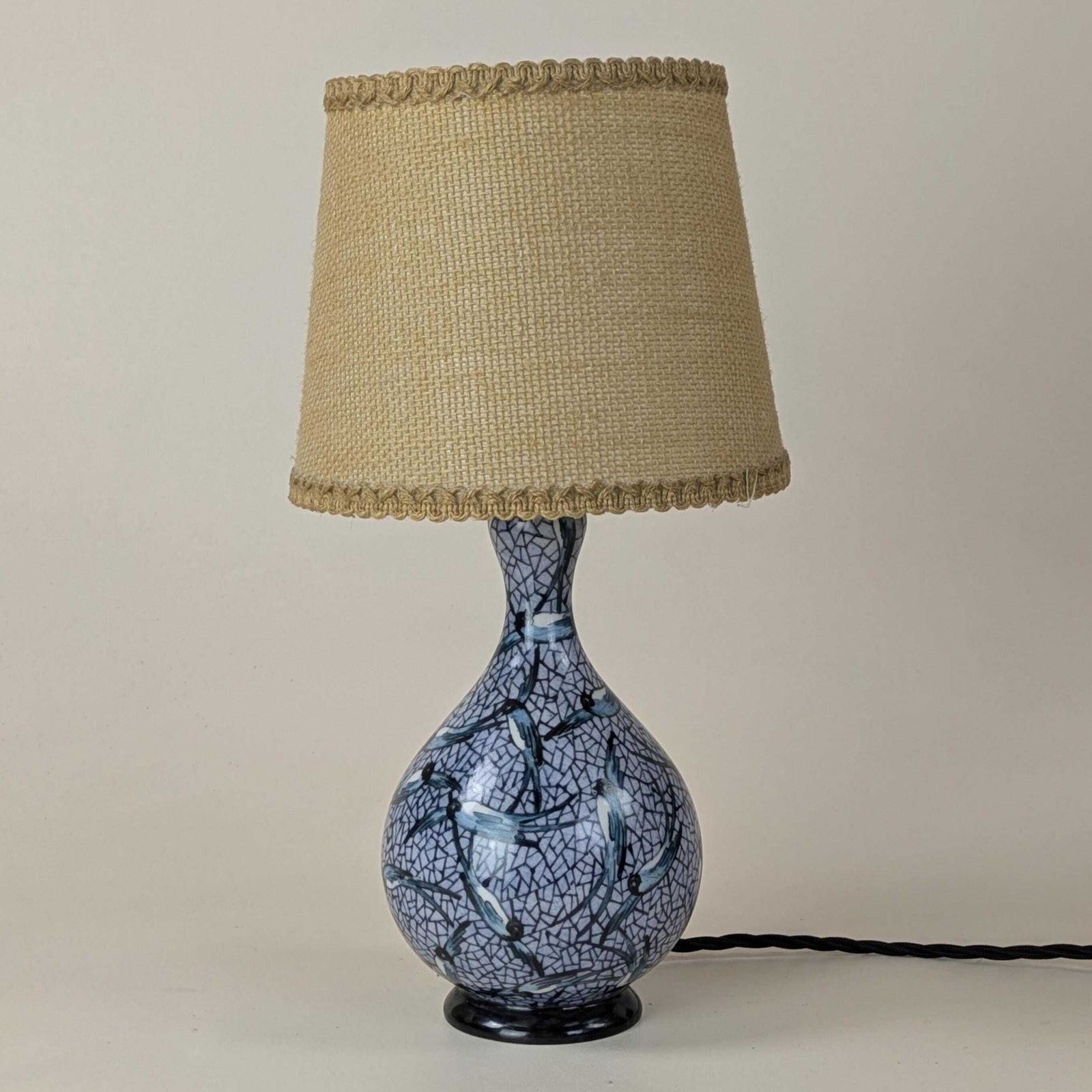 French Art Deco Hand Painted Ceramic Gourd Lamp Abstract Swallow Bird Motif Home Decor Accent Lighting Collectible, Original Home Light