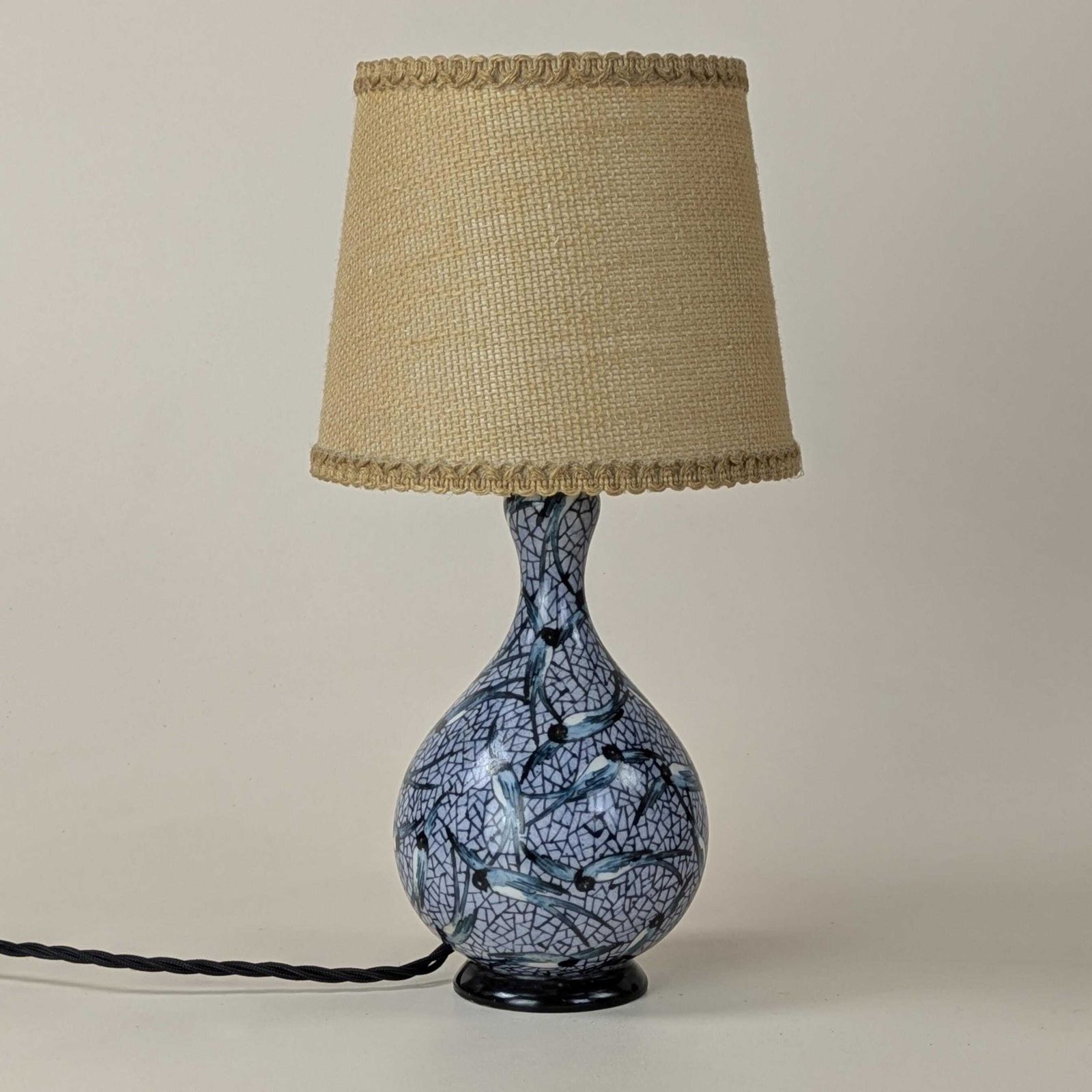 French Art Deco Hand Painted Ceramic Gourd Lamp Abstract Swallow Bird Motif Home Decor Accent Lighting Collectible, Original Home Light photo vintage