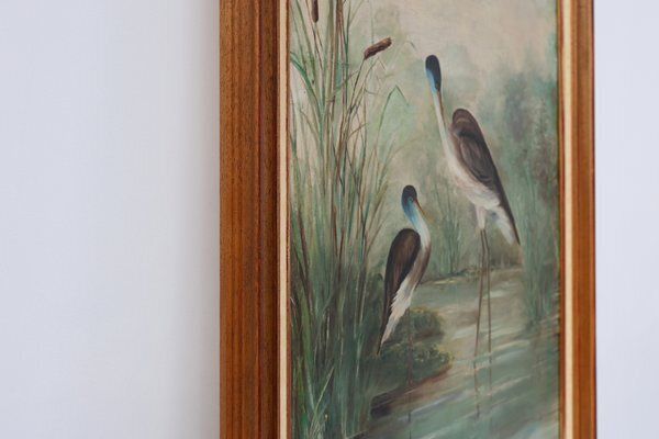photo furniture French Artist, Birds In Water, 1960s, Large Oil On Canvas, Framed