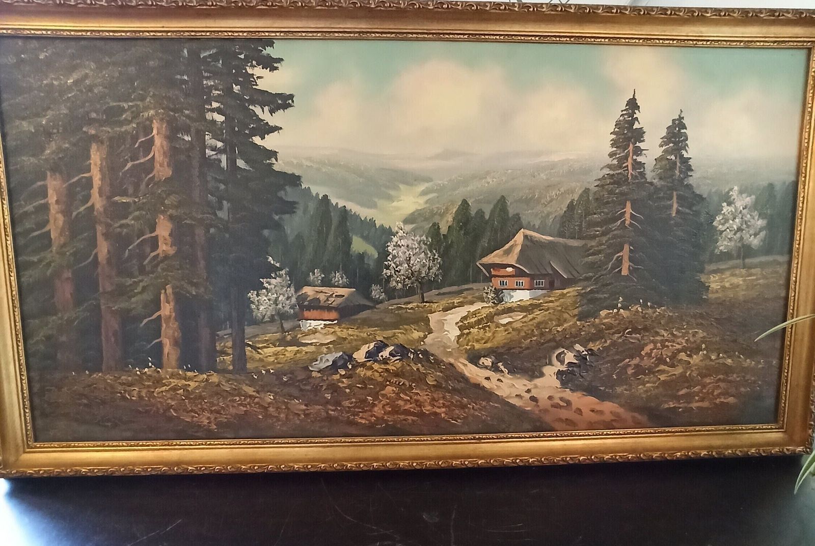 Vintage Alpine Mountains Countryside Scene   Framed Canvas Painting. Good Condition. Very Scenic. Very Large. 98cm X 58cm X 4cm.