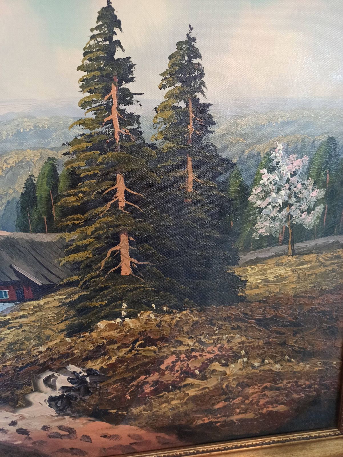 Vintage Alpine Mountains Countryside Scene   Framed Canvas Painting. Good Condition. Very Scenic. Very Large. 98cm X 58cm X 4cm. photo for sale