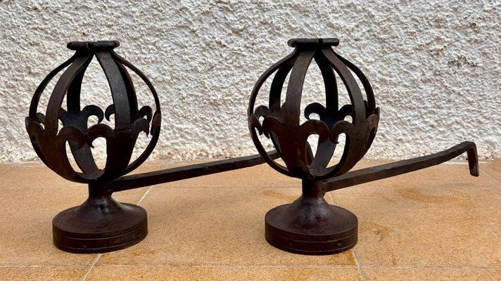 Mid Century Modernist Spanish Wrought Iron Couple Andirons, 1950s, Set Of 2 photo for sale