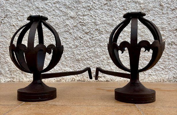 Mid Century Modernist Spanish Wrought Iron Couple Andirons, 1950s, Set Of 2 photo 1081.0