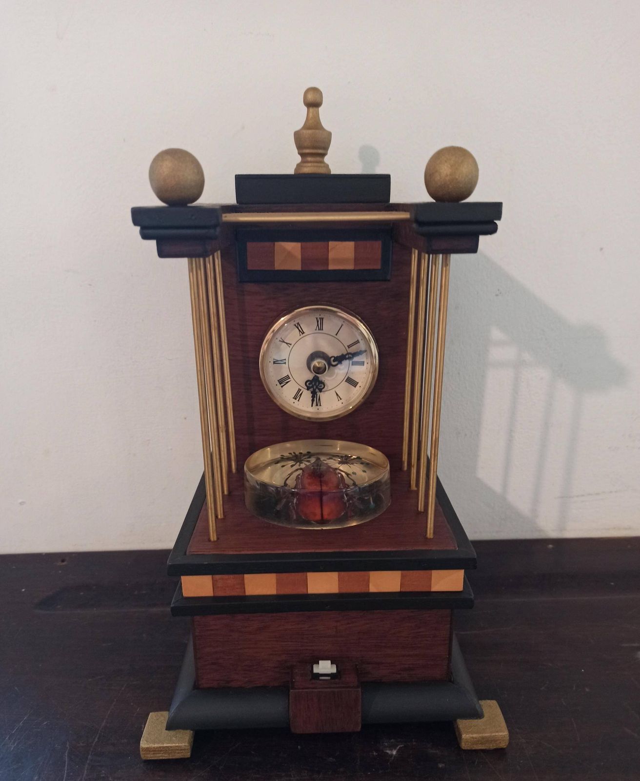 Unique Wooden Mantle Clock. Handmade. Battery Operated. Working Order. Very Good Condition.