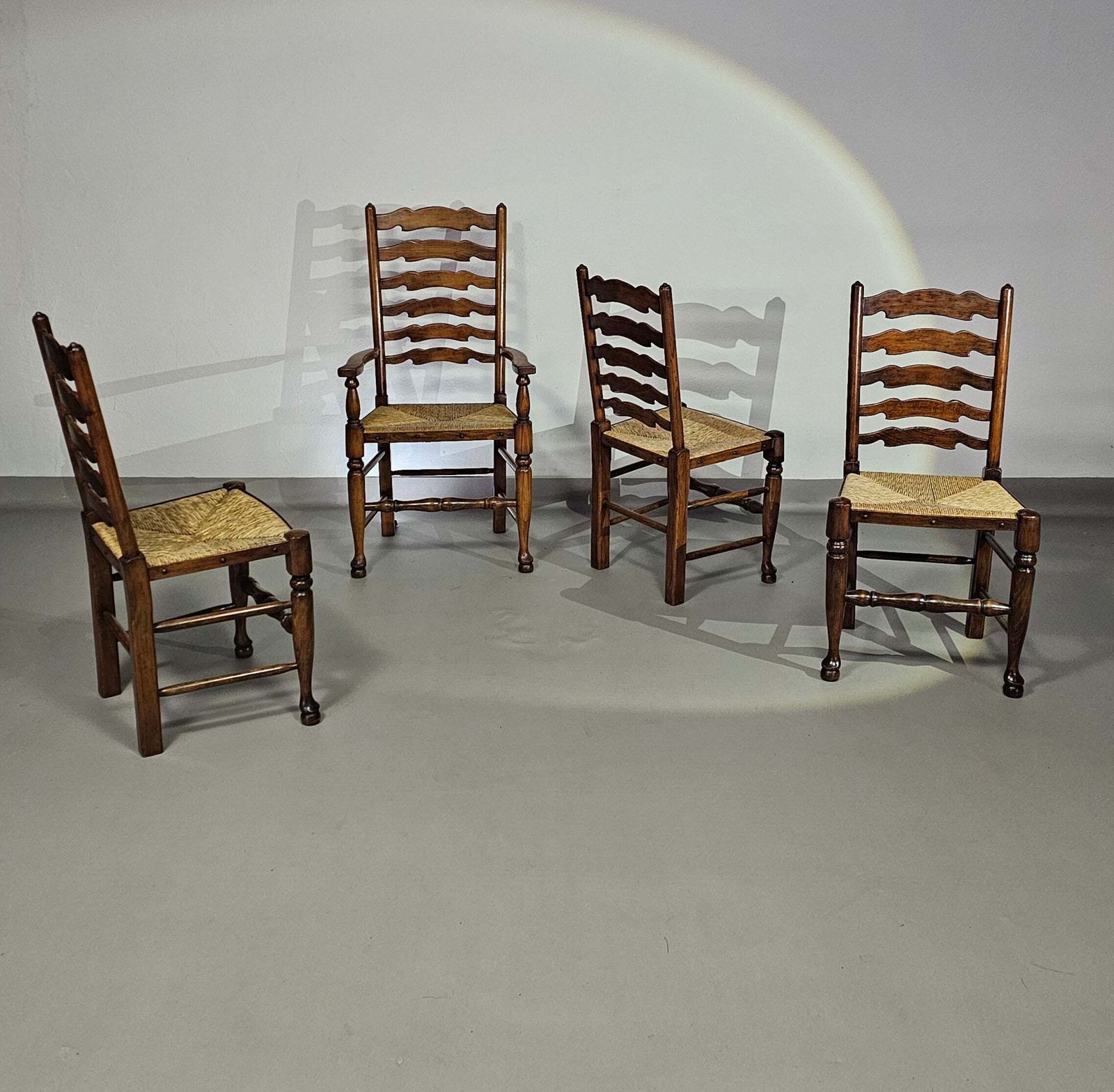 Set Of 4 Oak, Rustic, Farmhouse, Ladderback Dining Chairs With Rush Seats 1960s photo for sale