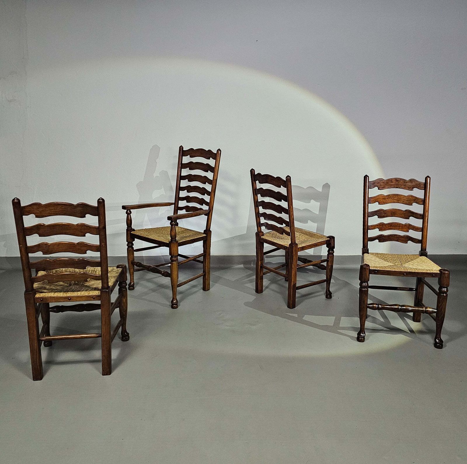 1269.0 Set Of 4 Oak, Rustic, Farmhouse, Ladderback Dining Chairs With Rush Seats 1960s photo