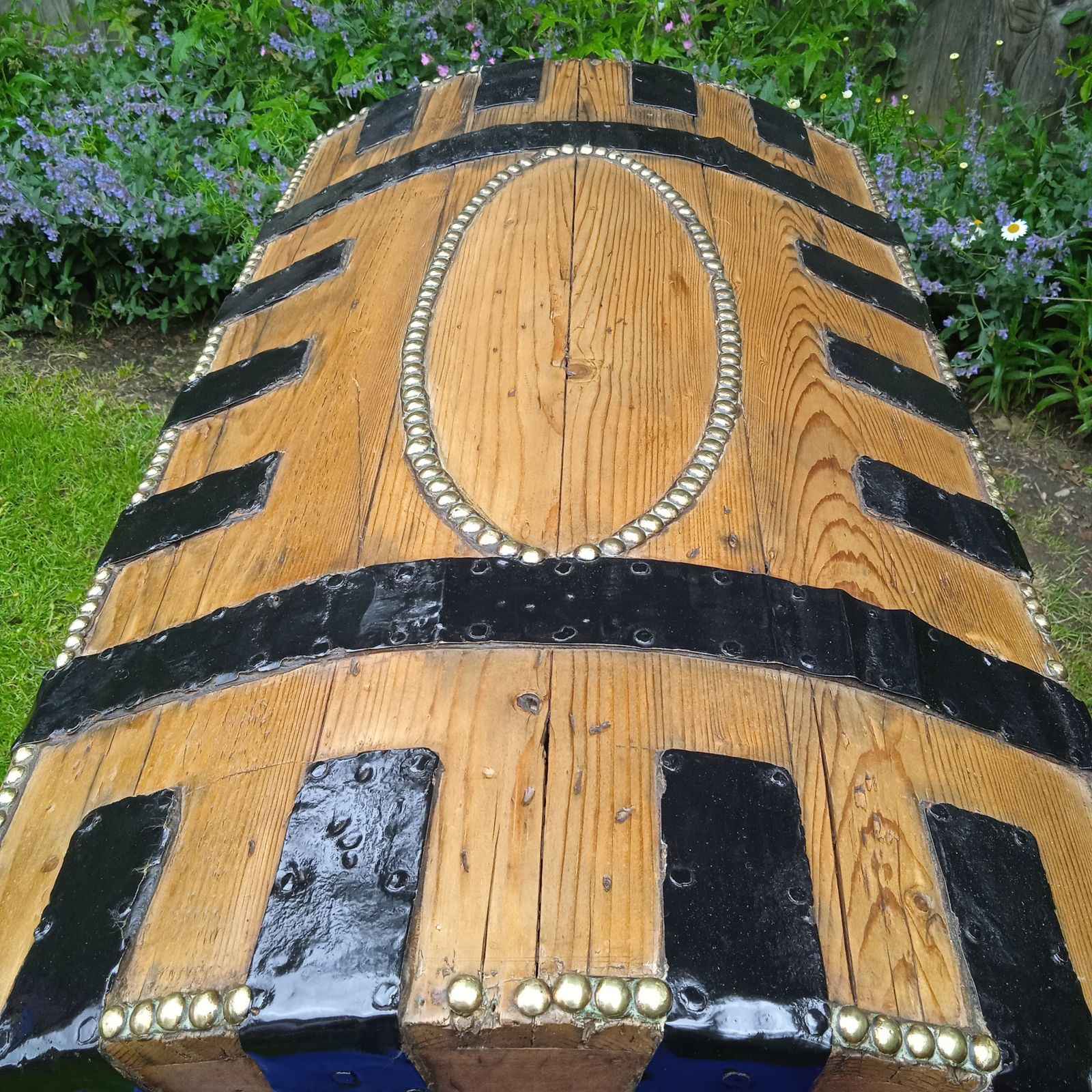 Antique Oak And Pine Metal Bound Brass Studded Dome Trunk. photo furniture