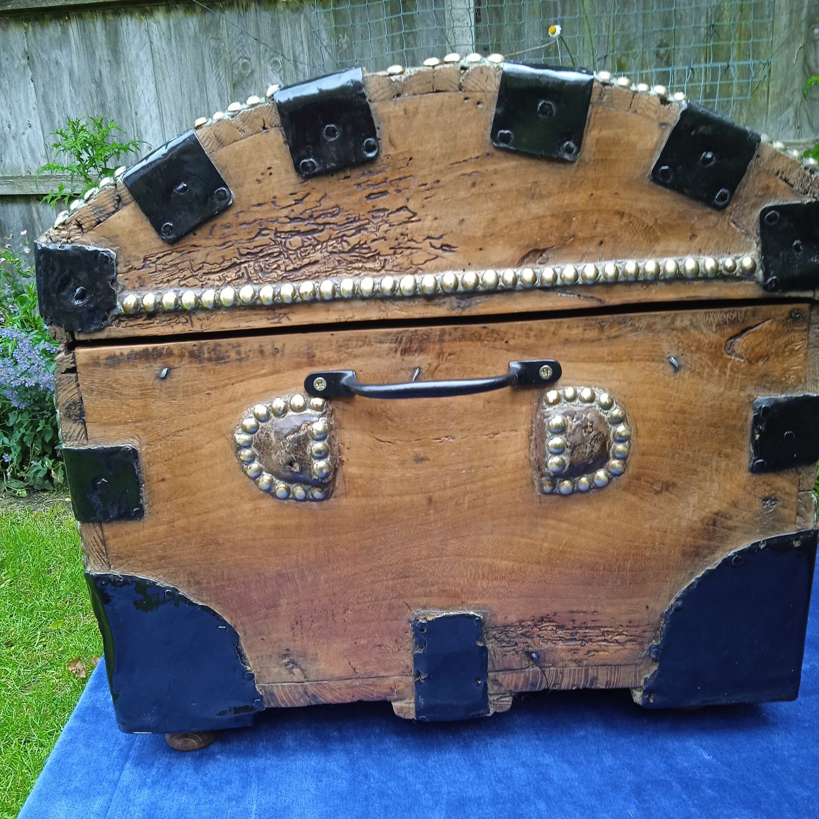 Antique Oak And Pine Metal Bound Brass Studded Dome Trunk. photo for sale