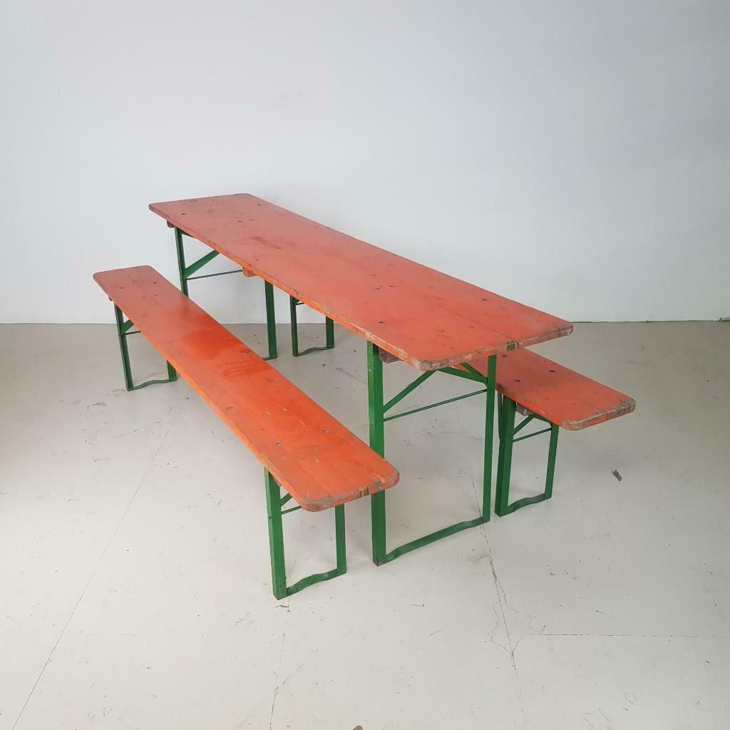 Vintage German Beer Table And Orange Benches photo furniture
