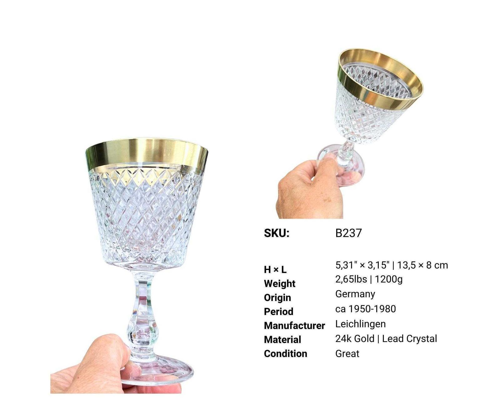 Crystal Wine Glasses | 6pcs | 24k Gold Rim | Diamond Cut | Rheinkristall | (1955–1964) photo furniture