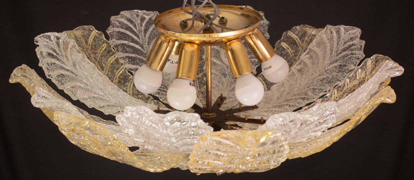 photo for sale Murano Glass Gold And Transparent Leaves Chandelier Or Flush Mount, 1970s