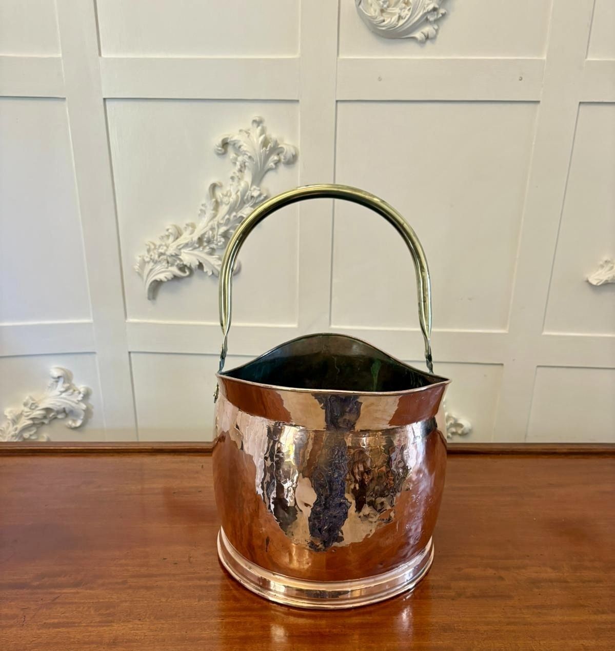 Antique Quality Copper And Brass Helmet Shaped Coal Scuttle photo furniture