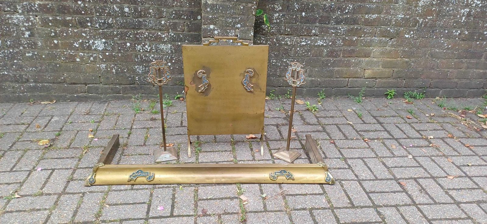 Antique Brass Art Nouveau Fireplace Companion Set Fire Guard Fender And Tool Holders Vintage Hearth Accessories