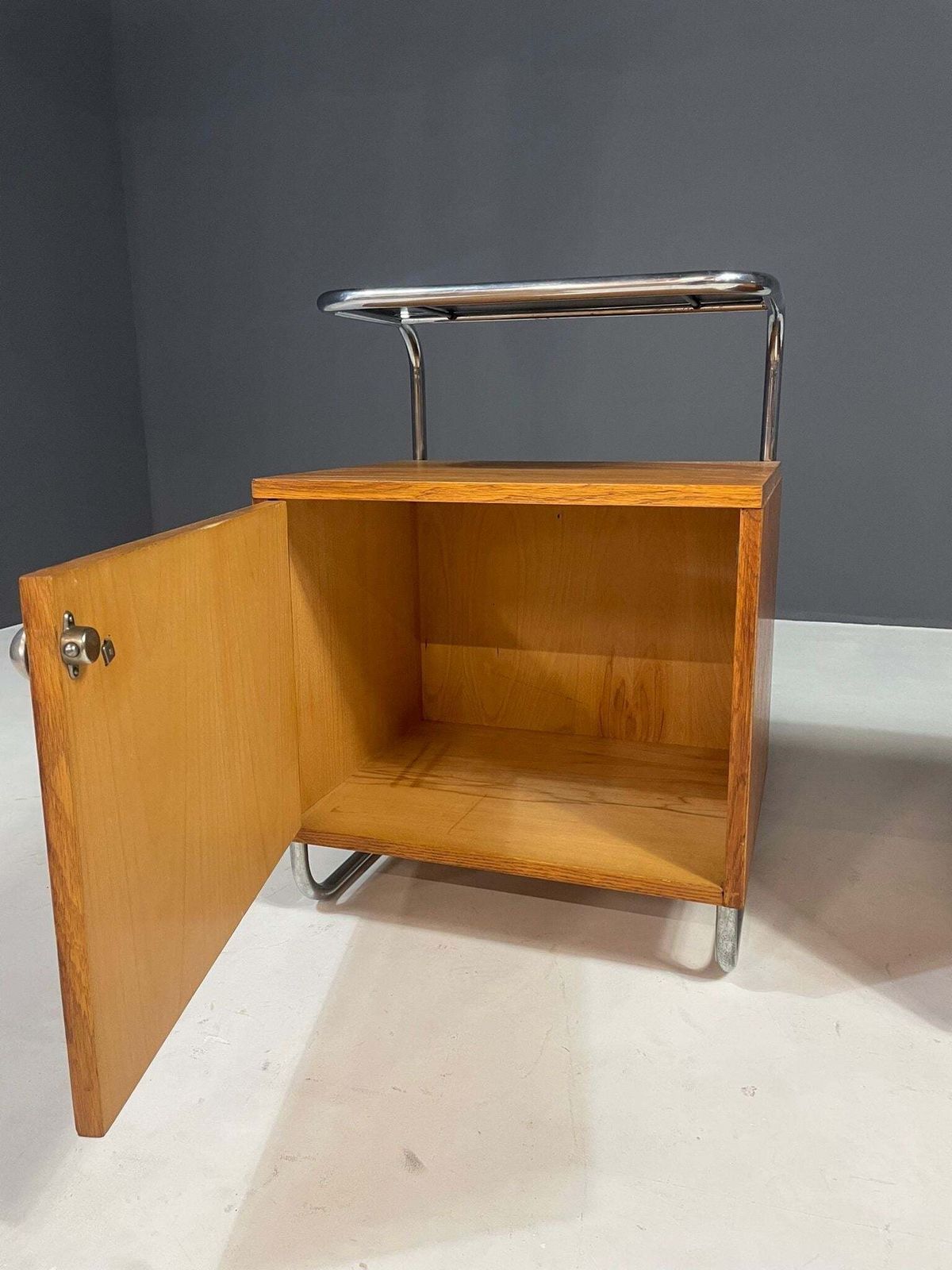 Renovated Bauhaus Style Chrome And Oak Nightstands By Kovona, Czechoslovakia, 1950s photo vinterior