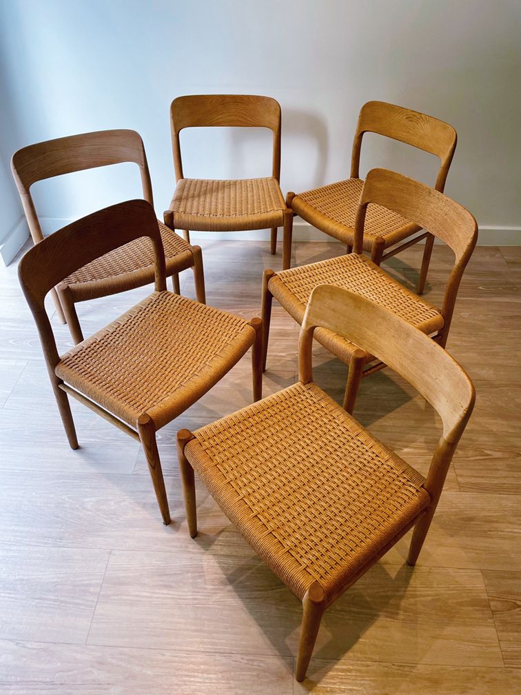 6 Danish Mid Century Modern Oak Dining Chairs #75, Niels O. Møller, J. L. Moller photo furniture