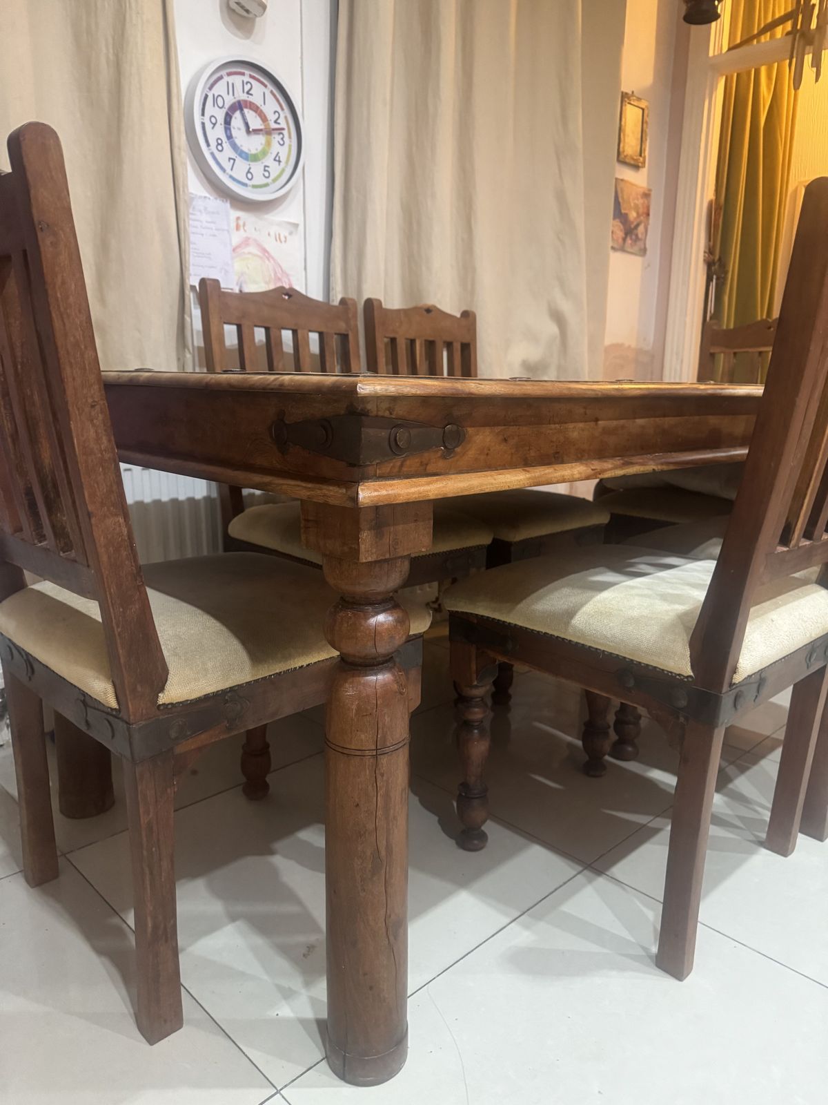 Vintage Indian Rosewood Dining Table   6 Cream Chenille Upholstered Chairs photo vinterior