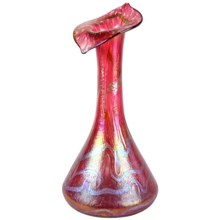 Art Nouveau Red Glass Vase By Fritz Heckert "Jack In The Pulpit", Cz Circa 1901