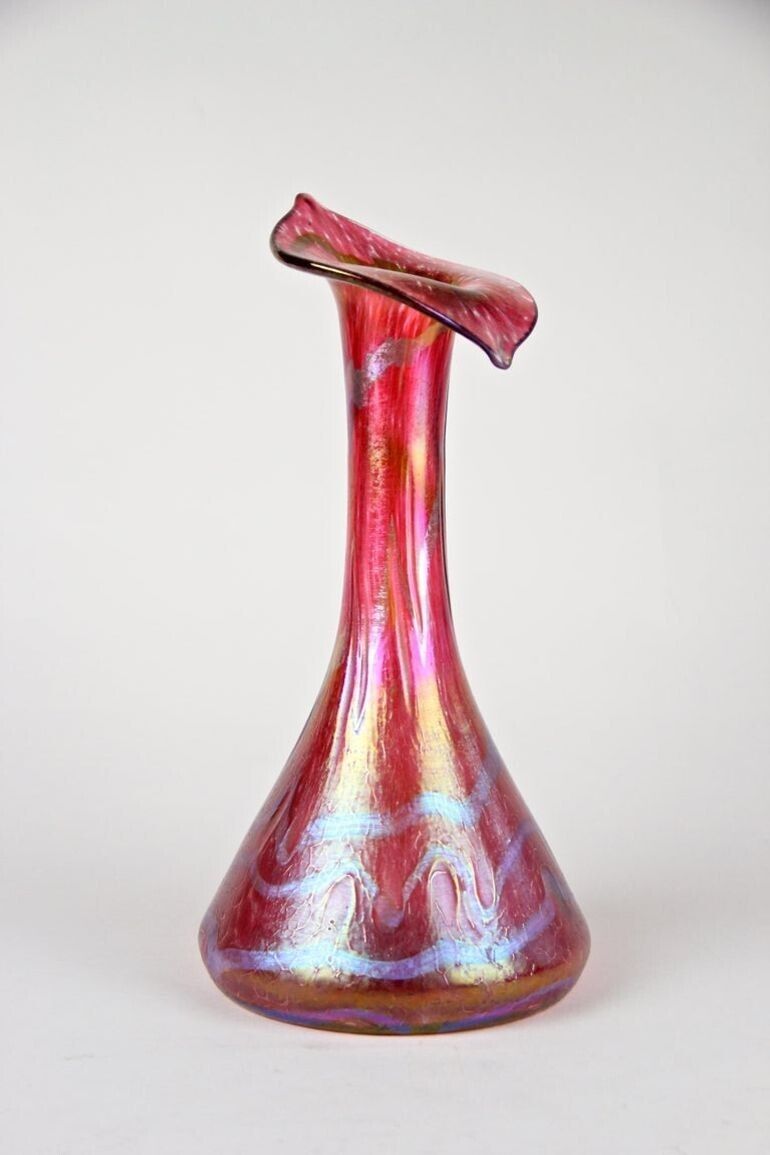 Art Nouveau Red Glass Vase By Fritz Heckert "Jack In The Pulpit", Cz Circa 1901 photo Home Decor
