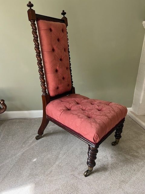 Victorian Rosewood Upholstered Barley Twist Prayer Chair