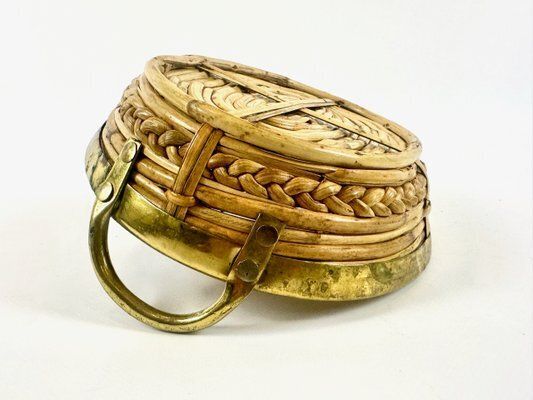 Italian Rattan And Brass Basket Centerpiece, 1960s photo for sale