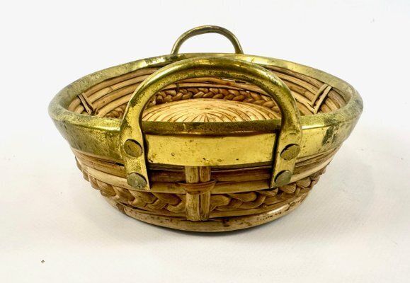 Italian Rattan And Brass Basket Centerpiece, 1960s photo 340.0