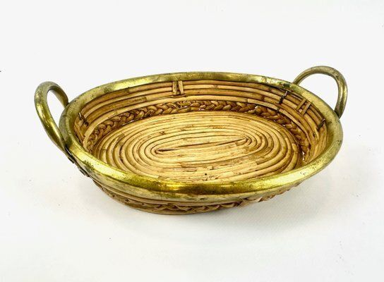 Italian Rattan And Brass Basket Centerpiece, 1960s photo vinterior