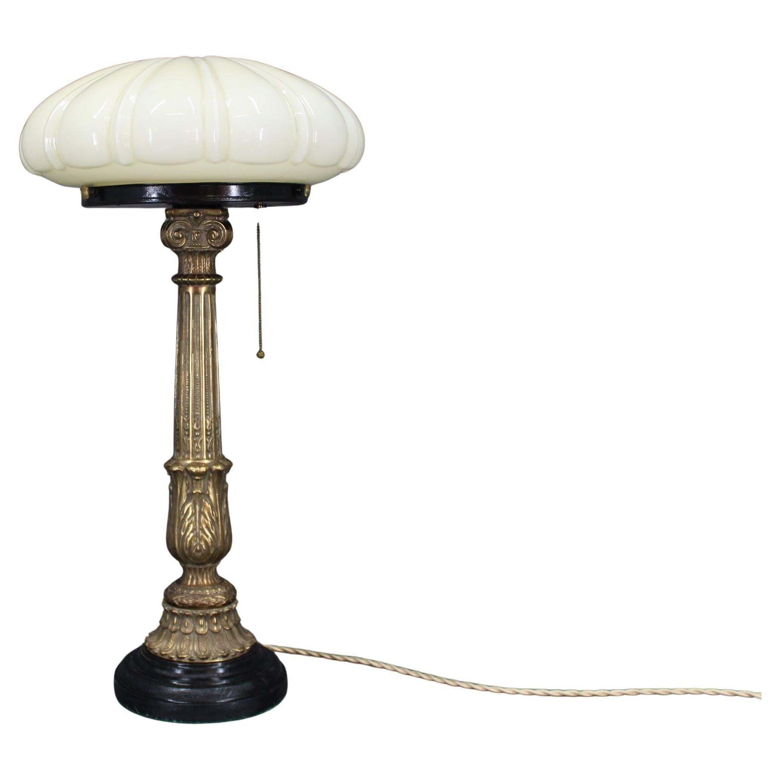 1940s Restored Brass Table Lamp With Wooden Base And Glass Shade