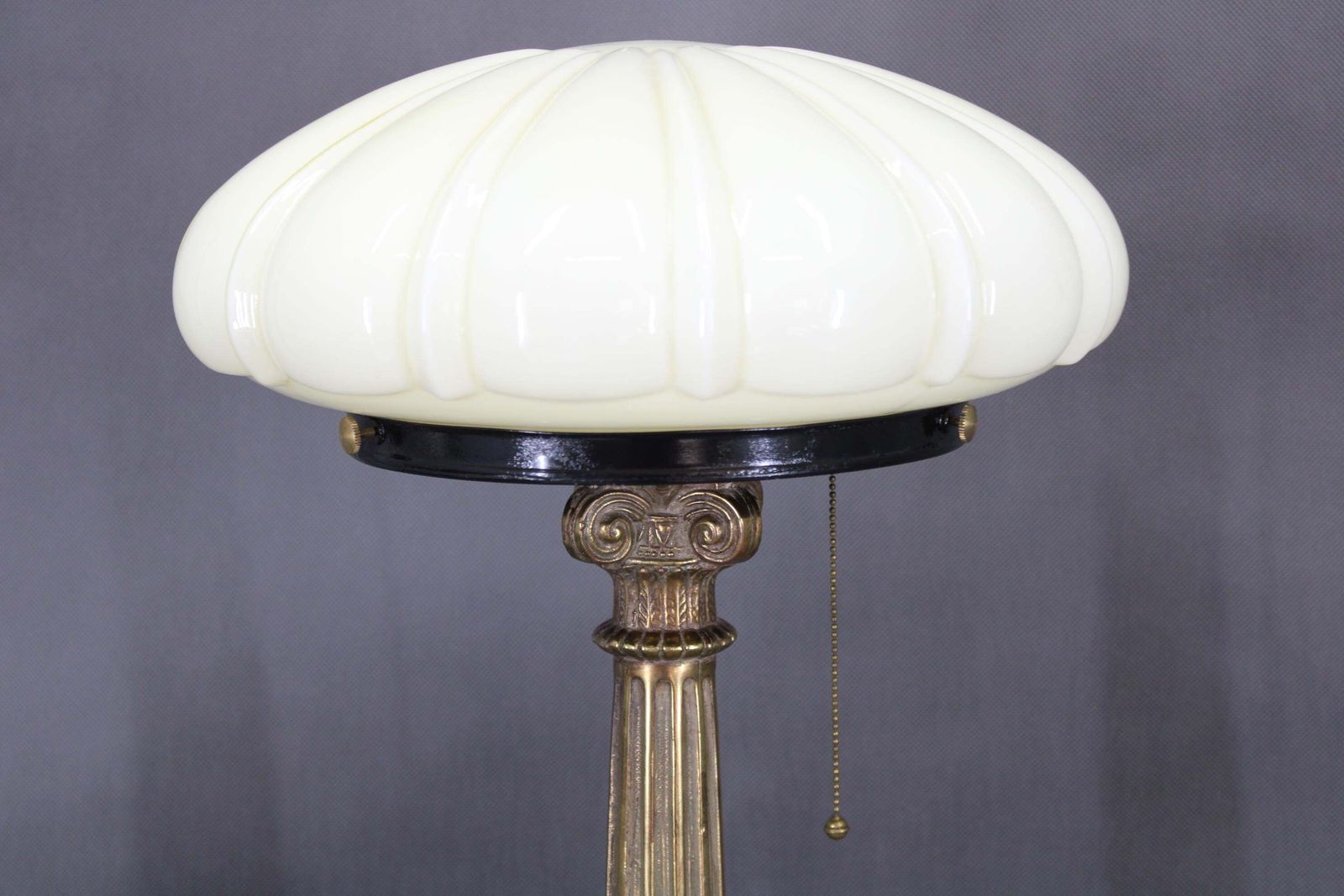 1940s Restored Brass Table Lamp With Wooden Base And Glass Shade photo for sale