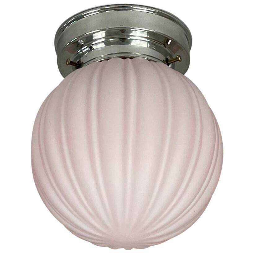 Art Deco Pale Pink Frosted Glass & Chrome Globe Flush Mount, Sweden 1940s