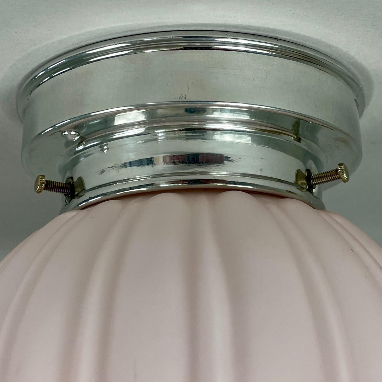Art Deco Pale Pink Frosted Glass & Chrome Globe Flush Mount, Sweden 1940s photo vinterior